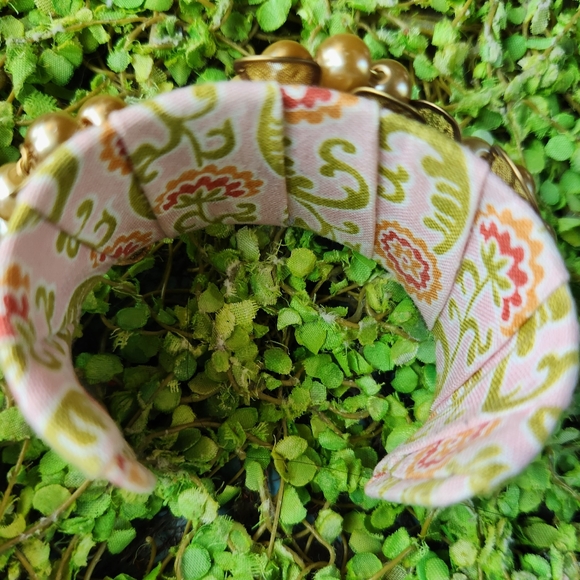 LENORA DAME Anthro Pleats Cottage Floral Fabric Gems Pearls Metal Cuff Bracelet - Picture 15 of 16